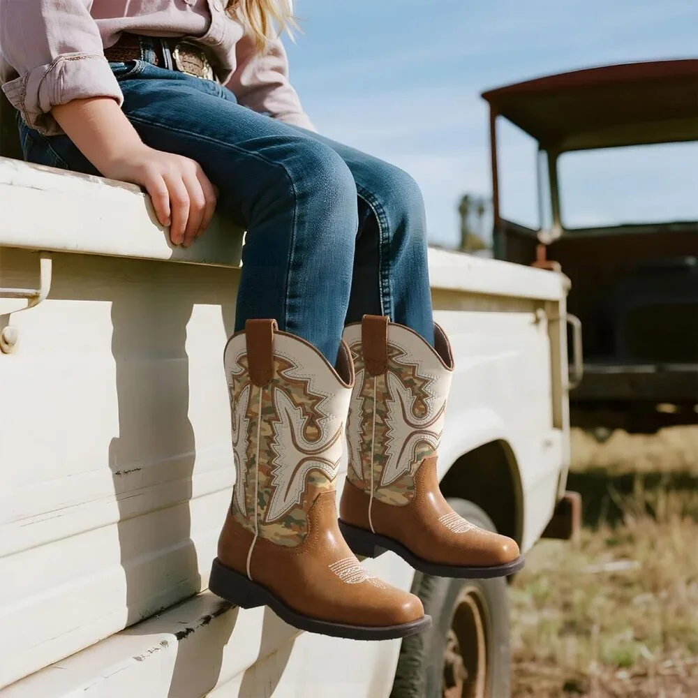 ⚡Girls Camel Cowboy Boots Toddler Mid Calf Western Square Toe Riding Boot